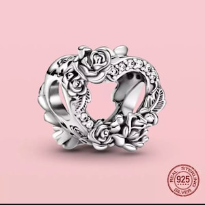 Pandora style heart and rose charm, gift for her, mum, sister, nan, wife, 925 Sterling silver charm beautiful, sparkly charm, love heart