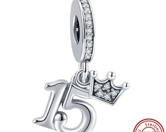 Pandora style 15th birthday charm, age 15 , gift for her,  sister, friend, daughter, 925 Sterling silver charm beautiful detail, sweet 15th