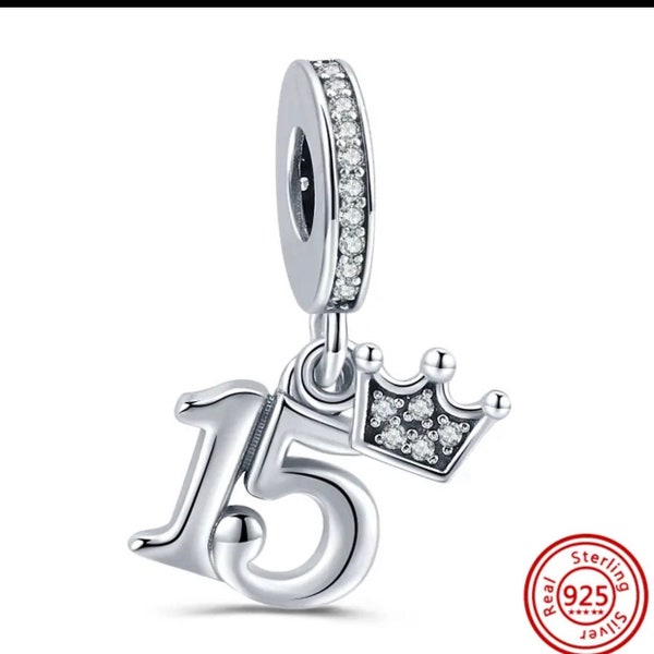 Pandora style 15th birthday charm, age 15 , gift for her,  sister, friend, daughter, 925 Sterling silver charm beautiful detail, sweet 15th