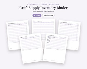 Carpeta de inventario de materiales para manualidades / Organizador de almacenamiento imprimible con hojas de categorías, biblioteca de muestras de color, mapa de almacenamiento y lista de reordenamiento en formato PDF.
