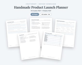 Planificador de lanzamiento de productos artesanales / Hojas de trabajo para nuevos productos, precios, listas de verificación de fotos y listados, cronograma de lanzamiento / PDF rellenable