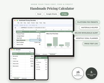 Calculadora de precios para productos hechos a mano (hoja de cálculo / libro de trabajo de precios para artesanías), calculadora de tarifas y ganancias de Etsy, hoja de cálculo de lista de precios / Excel Google Sheets