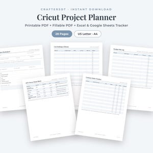 Puede incluir: Un planificador de proyectos Cricut digital con 28 páginas en tamaños US Letter y A4. El documento incluye una hoja de trabajo de proyectos, biblioteca de ajustes de corte, registro de archivos, guía de prensado HTV y rastreador de pedidos.