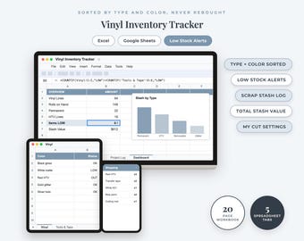 Rastreador de inventario de vinilo / Organizador de vinilo Cricut, registro de vinilo termoadhesivo y permanente, hoja de muestras de color, lista de reordenamiento / Hojas de cálculo de Excel y Google