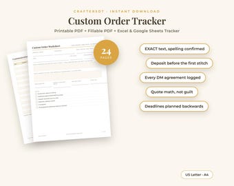 Sistema de seguimiento de pedidos personalizado para negocios de productos artesanales / Formularios de pedido, calculadora de presupuestos, registro de depósitos, lista de clientes / PDF rellenable + hoja de cálculo