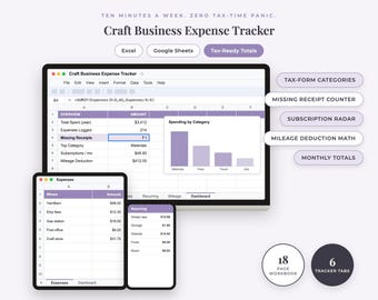 Registro de gastos para negocios artesanales / Hoja de cálculo para pequeñas empresas, registro de categorías fiscales y recibos, registro de kilometraje / Hojas de cálculo imprimibles de Excel y Google