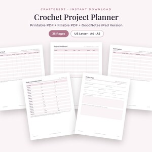 May include: A digital crochet project planner with 35 pages in US Letter, A4, and A5 sizes. The document includes a project dashboard, yarn stash tracker, hook conversion chart, and project pages with fields for notes, patterns, and yarn details.