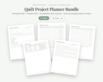 Quilt Planner Bundle | Quilt Journal, Fabric Stash Tracker, Block Progress, Backing & Binding Charts | Printable Fillable + GoodNotes