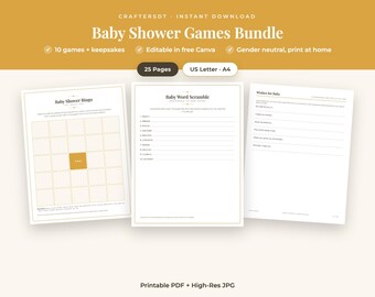 Paquete de juegos imprimibles para baby shower / 10 juegos, bingo, tarjetas de consejos y deseos, carteles, etiquetas / Editable en Canva + PDF Género neutro