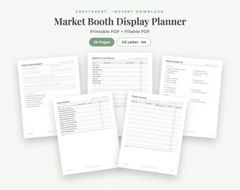 Planificador de exhibición de puestos de mercado / Hojas de trabajo para el diseño de puestos de feria de artesanía, niveles de exhibición, lista de empaque y cronograma de montaje / Imprimible y rellenable
