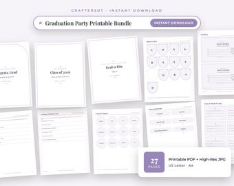 Paquete imprimible para fiesta de graduación / Letrero de bienvenida, pancarta, invitación, letreros para comida, tarjetas de consejos, etiquetas para recuerdos / Archivo editable en Canva + PDF