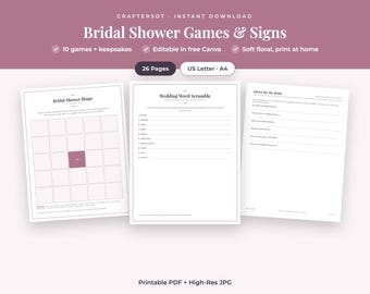 Juegos y letreros imprimibles para despedida de soltera / 10 juegos, bingo, tarjetas de consejos, tarjetas de recetas, letrero para barra de mimosas / Archivo editable en Canva + PDF