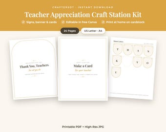 Kit imprimible de agradecimiento para maestros / Letreros para estaciones de manualidades, tarjetas de agradecimiento, etiquetas para útiles escolares, pancarta / Decoración editable para el aula en Canva y PDF