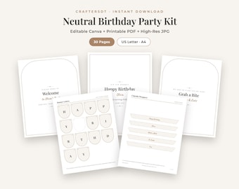 Kit para fiesta de cumpleaños imprimible/editable en Canva: letreros, pancarta, envoltorios para cupcakes, etiquetas para botellas de agua, gorros de fiesta y etiquetas para recuerdos / Decoración bohemia