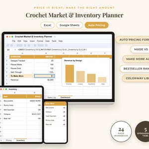 May include: A digital Crochet Market & Inventory Planner displayed on a computer monitor, tablet, and smartphone. The interface shows spreadsheets with data, a bar chart titled Revenue by Design, and tabs for Auto Pricing, Made vs Sold, and Bestseller Ranking.