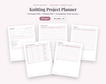 Planificador de tejido imprimible / Diario de proyectos, inventario de lanas y agujas, registro de bloqueo, receta de calcetines / PDF rellenable + GoodNotes
