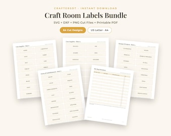 Paquete de etiquetas SVG para cuarto de manualidades / 64 etiquetas de organización para Cricut y Silhouette, DXF y PNG + PDF imprimible / Calcomanías de vinilo para cajas de almacenamiento
