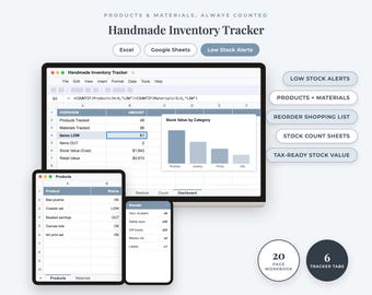 Hoja de cálculo para el seguimiento del inventario de productos artesanales / Inventario de existencias y materiales para manualidades, alerta de bajo stock, lista de reordenamiento / Excel Google Sheets