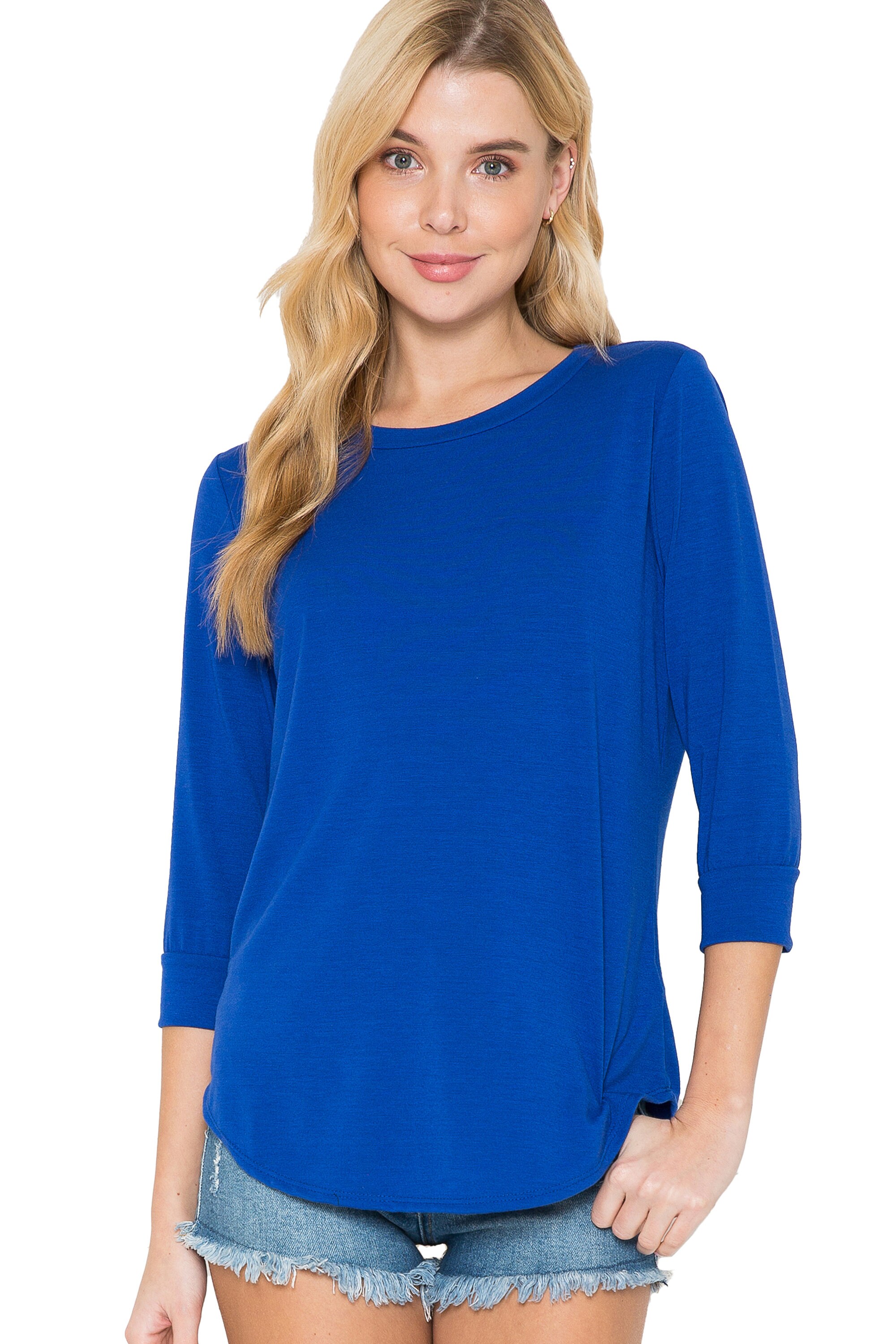 Solid Color 3/4 Sleeve Tops, Women's 3/4 Sleeve Solid T-shirt, Three ...