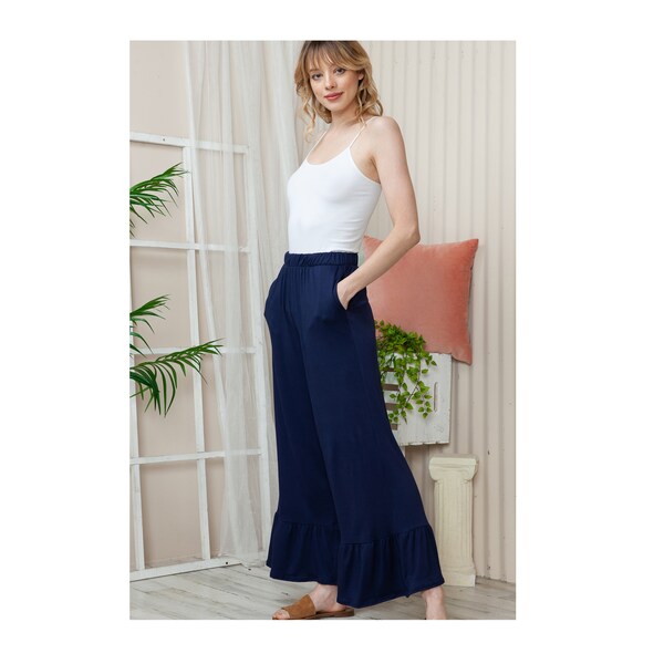 Ruched lace ruffle solid high rise pant