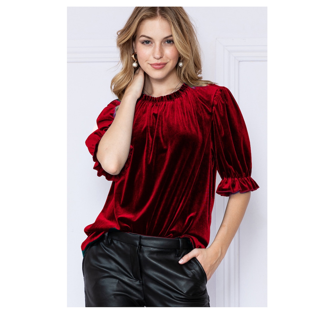 Holiday Ruched neck Top, Velvet Top, Simple Top With Ruffled Sleeve, Everyday Basic Top, Women Casual Comfortable Fashion. Christmas