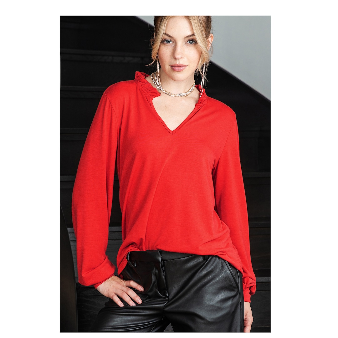 Ruffled V-Neck Long-Sleeved Loose-Fitting Shirt main image 0