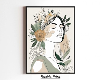 Boho Woman Line Art Print: Neutral Floral Wall Art (Digital Download)