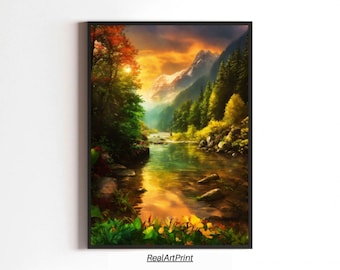 Forest River Mountain Landscape Art Print: Nature Wall Decor (Digital Download)