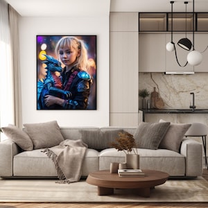 Cyberpunk Girl with Dragon Art Print: Sci-Fi Fantasy (Digital Download)