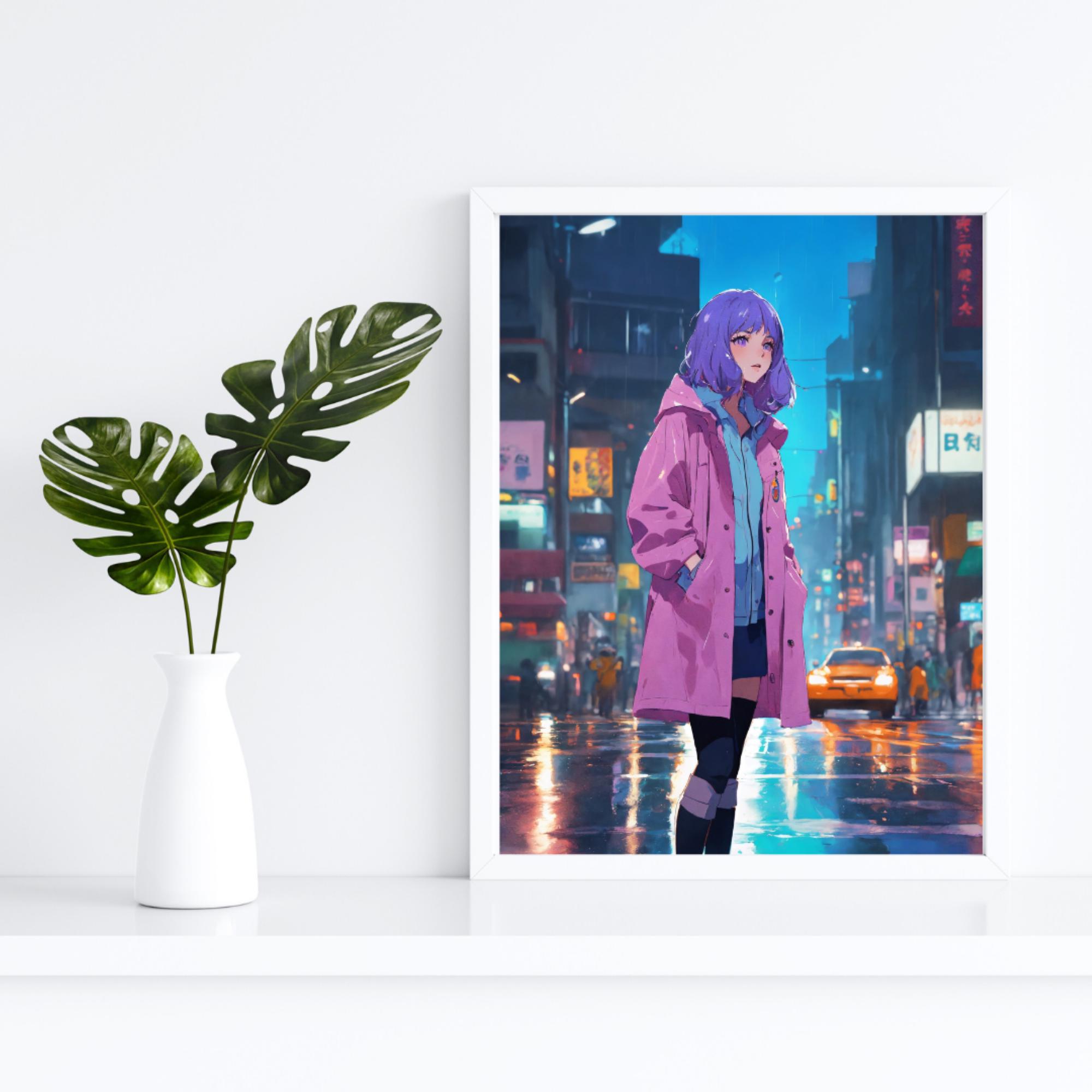 Cyberpunk Anime Girl Art Print: Urban Street Scene (Digital Download)