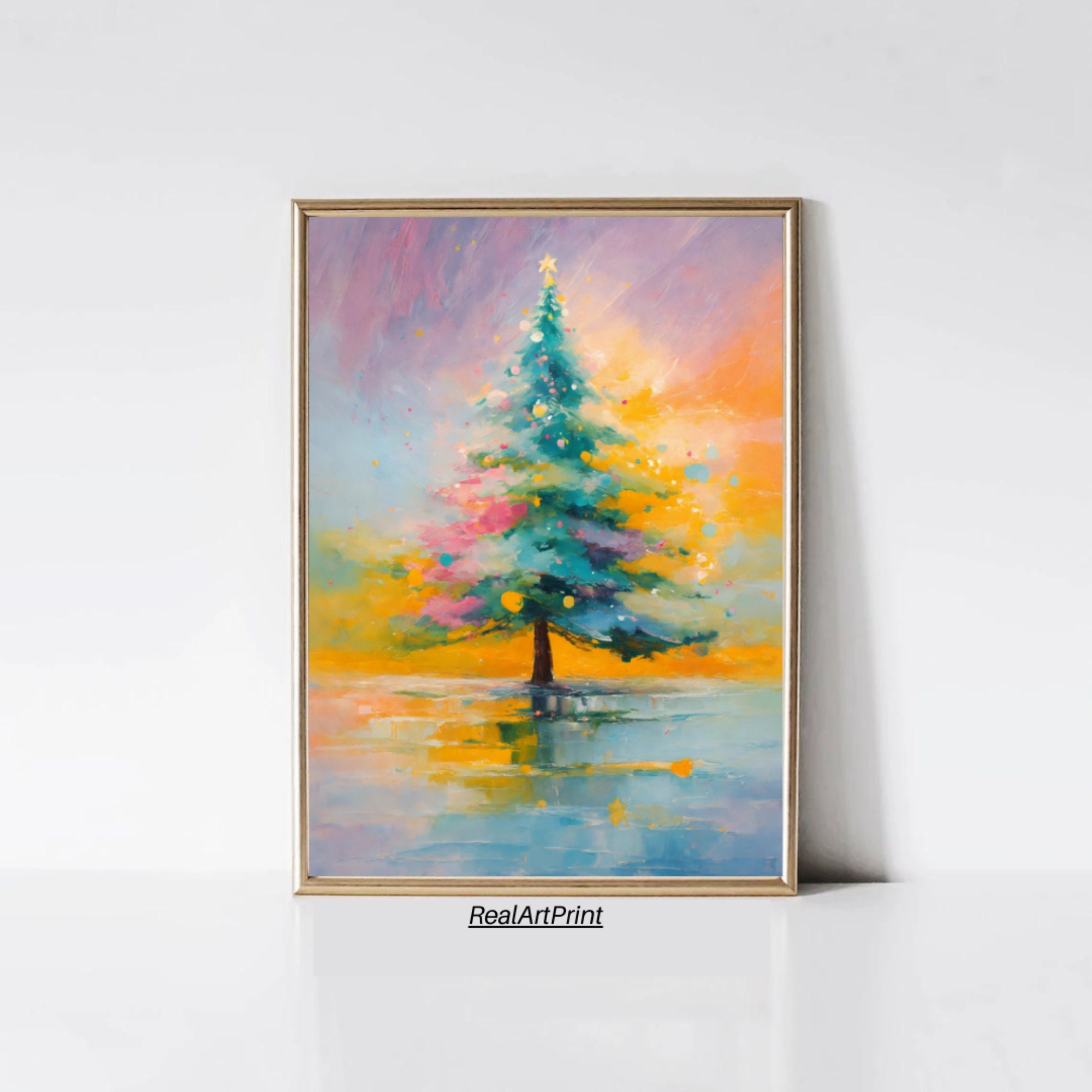Pastel Christmas Tree Oil Painting: Abstract Holiday Wall Art
