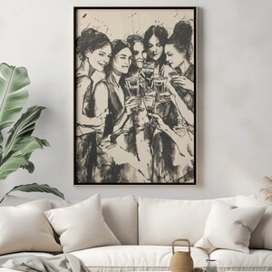 Vintage Women Cheers Printable Art | Czarno-biały szkic Wine Soiree | Elegancki rysunek Ladies Night | Dekoracja wózka barowego