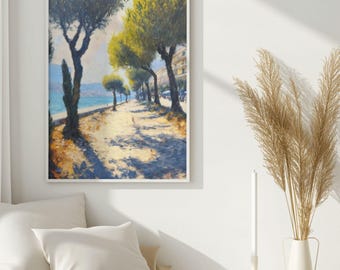 Lámina artística con paisaje mediterráneo de olivos: decoración de pared costera (descarga digital)