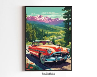 Vintage Mountain Road Car Art Print: Retro Scenic Landscape Wall Decor (Digital Download)