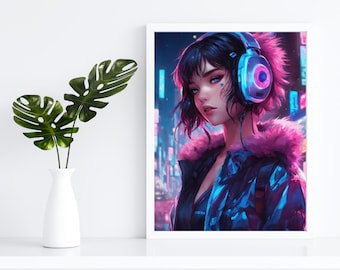 Cyberpunk Anime Girl Portrait | Sci-Fi Neon Digital Art Print | Futuristic Wall Art Download | RealArtPrint