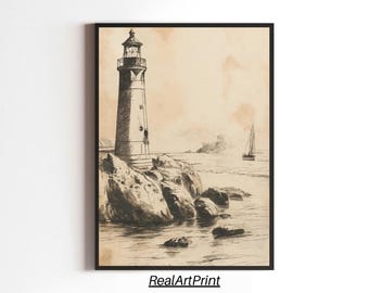 Antique Lighthouse Sketch Art Print: Vintage Nautical Coastal Wall Decor (Digital Download)