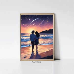 Lovers Under Shooting Stars | Romantic Beach Sunset Digital Art | Digital Poster Printable Art | RealArtPrint