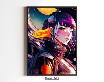 Anime Sci-Fi Girl Art Print | Futuristic Cyberpunk Wall Decor | Digital Download Poster | RealArtPrint