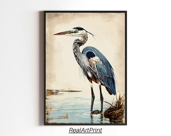 Vintage Blue Heron Print: Coastal Beach House Wall Art (Instant Download)