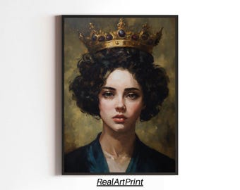 Gekrönte Frau Portrait Kunstdruck: Dark Academia Vintage Wanddekoration (Digitaler Download)