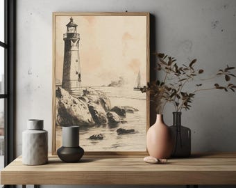 May include: A framed black and white print of a lighthouse on a rocky coast, with a sailboat in the distance. The artwork has a vintage aesthetic. The print is displayed on a wooden shelf with decorative vases.