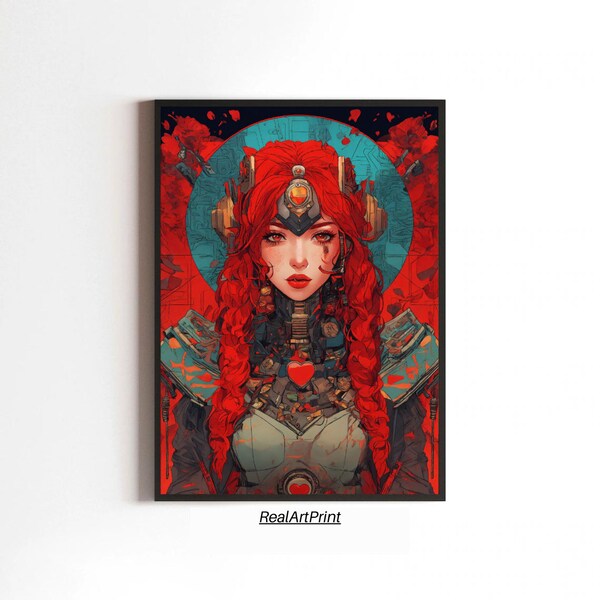 Fiery Red-Haired Samurai Cyborg Girl | Cyberpunk Anime Style Digital Art | Gritty Rough Design | Dark Theme with Runes & Anime Elements