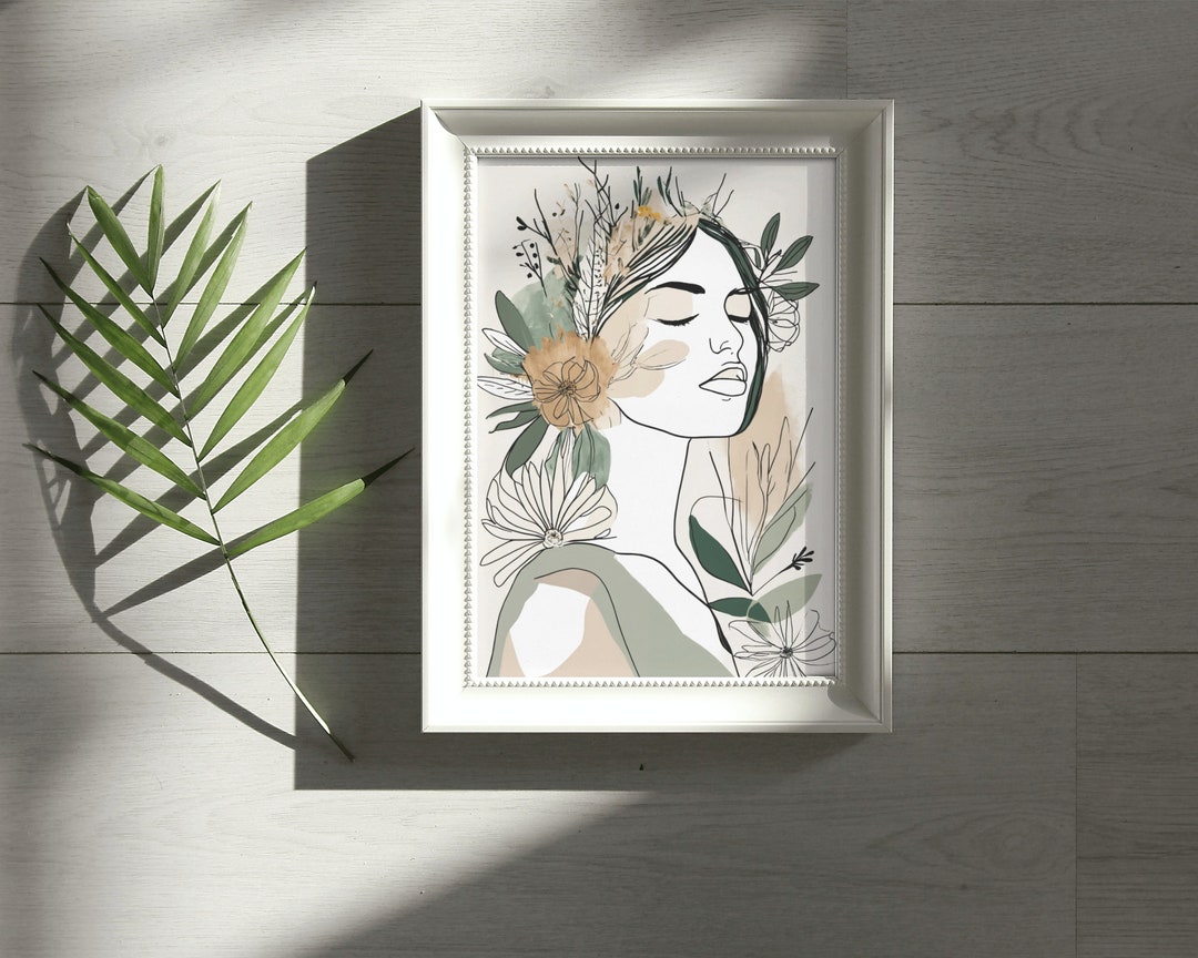 Boho Woman Line Art Print | Floral Wall Art | Neutral Simple Poster - Etsy