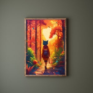 Chica gato en el bosque, Arte de pared de otoño, Arte inspirado en anime, Decoración de pared natural, Escena de bosque, Arte imprimible, RealArtPrint