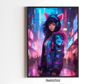 Cyberpunk Anime Girl Print: Neon Cityscape Art (Digital Download)