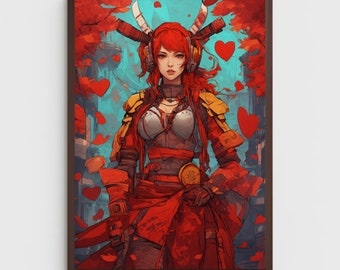 Samurai Warrior Woman | Futuristic Armor | Red Anime Art Print | Printable Artwork | RealArtPrint