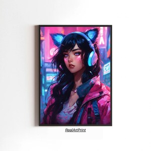 Neon Cyberpunk Girl Art Print | Futuristic Digital Artwork | Anime-Inspired Printable Art | Vibrant Character Digital Poster | RealArtPrint