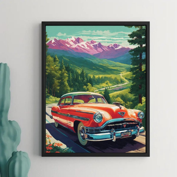Retro Car Vintage Nature Landscape | Open Road Printable Wall Poster | Digital Art Print