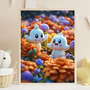 Arte de fantasía con un lindo jardín de flores / Arte digital de dibujos animados extravagantes / Arte de pared imprimible colorido para habitación de niños / RealArtPrint