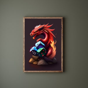 Fiery Dragon with Dice Art Print | Fantasy Digital Download | RealArtPrint | Tabletop RPG Decor